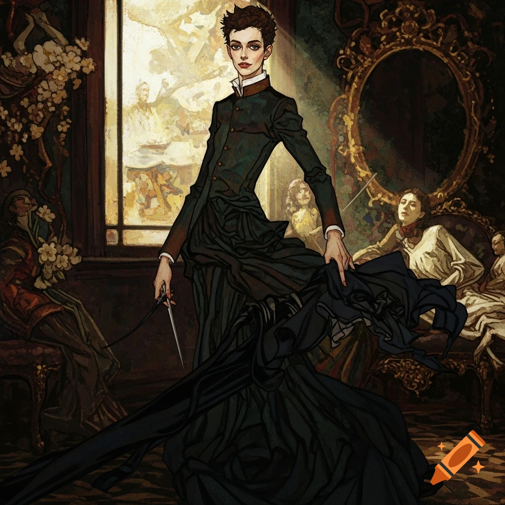 A stylized portrait of a person with short dark hair in a dark baroque dress, holding a dagger, in an ornate room.