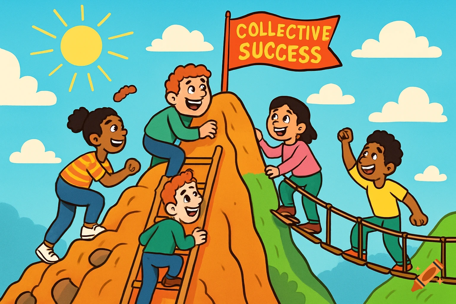 Cartoon illustration of diverse children climbing a mountain towards a 'Collective Success' flag, depicting teamwork and achievement.