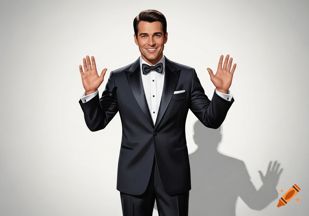 A smiling man in a black tuxedo with a bow tie raises both hands against a white background.