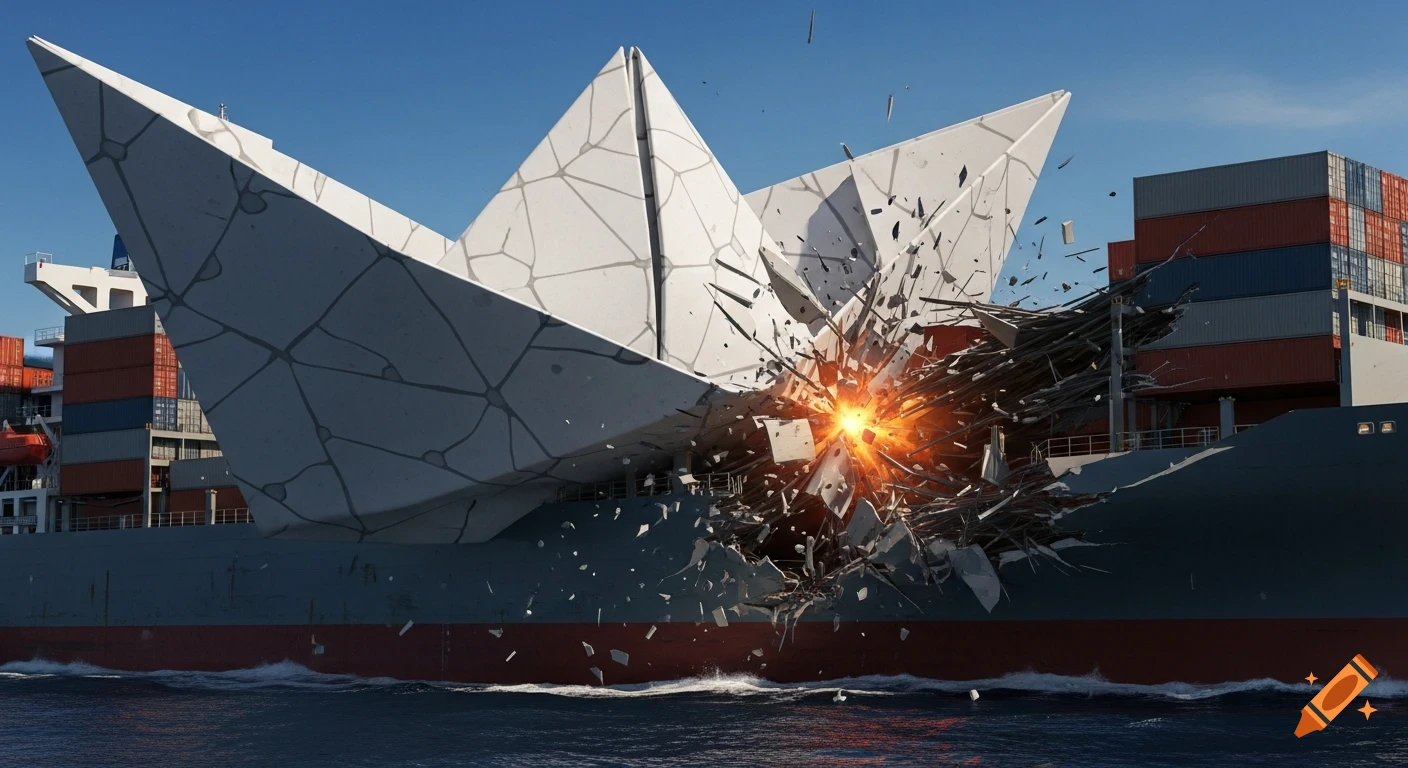 A gigantic, fractured white paper boat crashes into the side of a large cargo ship, causing an explosion and structural damage at sea.