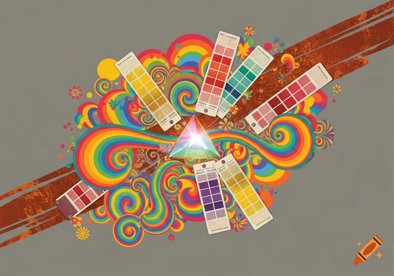 Psychedelic collage with a glowing prism, neon rainbows, swirling patterns, vintage paint-chip cards, and a grungy rust streak.