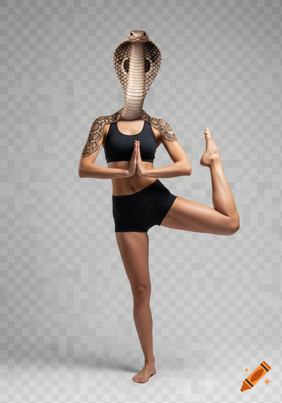A photorealistic female figure with a cobra head performs a yoga pose on a transparent background.