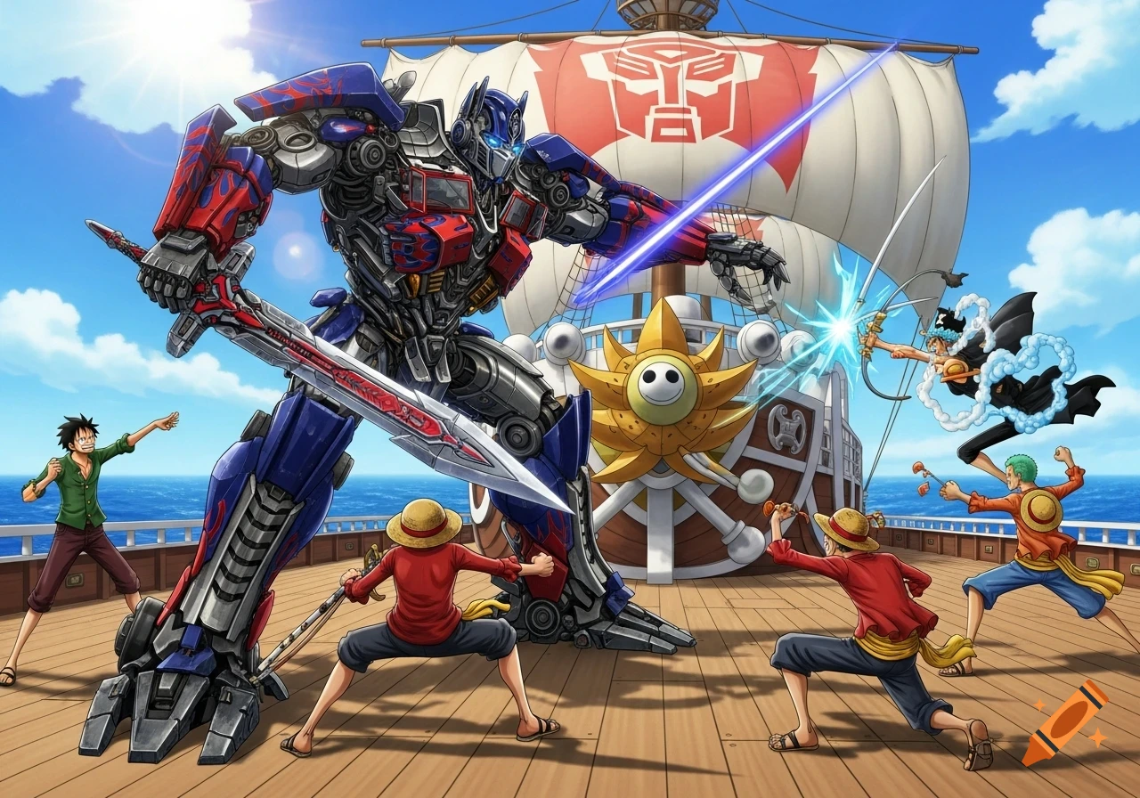 Optimus Prime fighting the Straw Hats from One Piece on the Thousand Sunny ship in anime style.