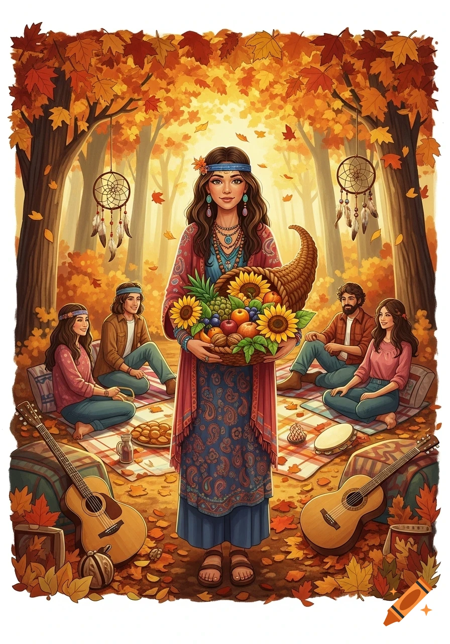 Cheerful people in hippie attire celebrate Thanksgiving in an autumn forest, a woman holds a cornucopia with fruit and sunflowers.
