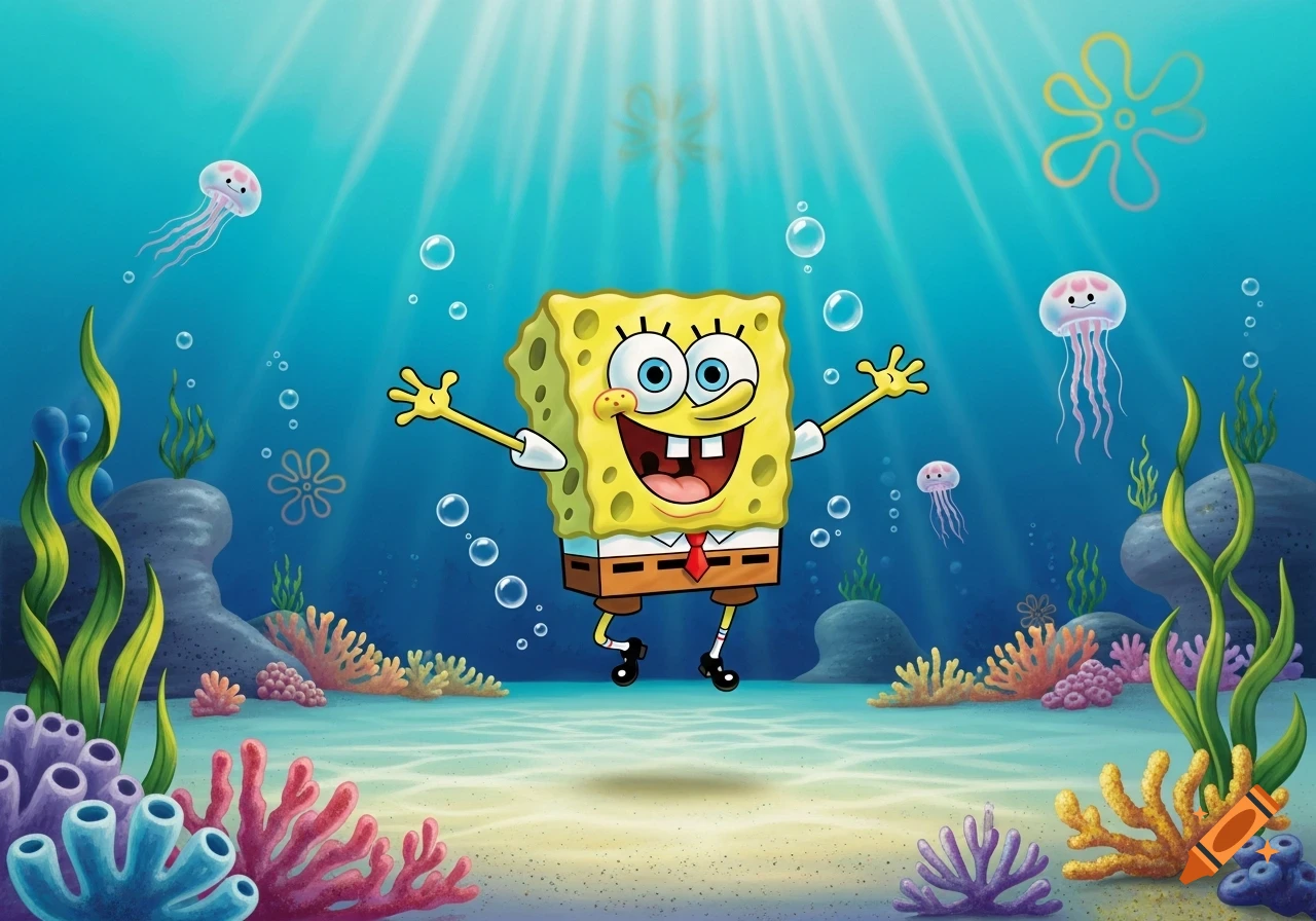 Spongebob Squarepants with a wide smile, floating happily underwater among colorful coral, green plants, and pink jellyfish.