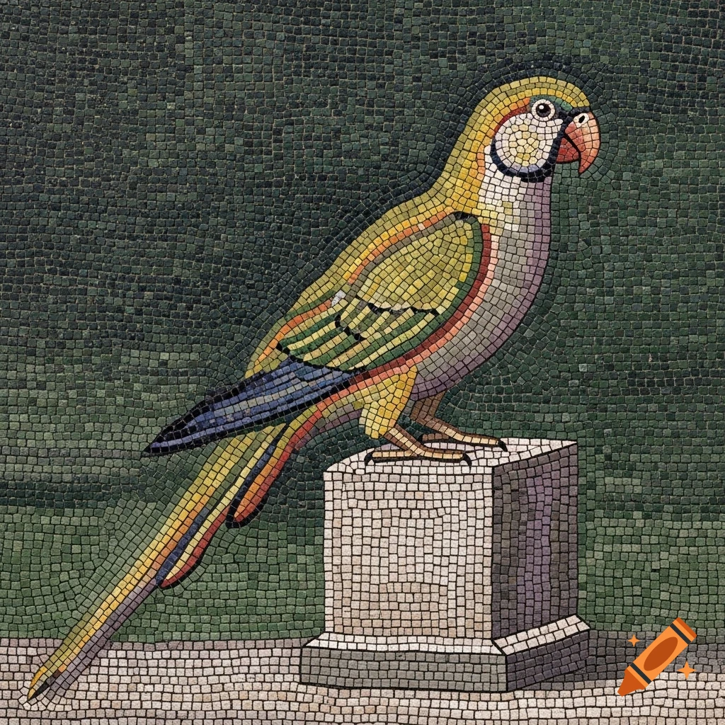 A colorful mosaic depicts a parrot with a long tail standing on a stone block, against a dark green background.