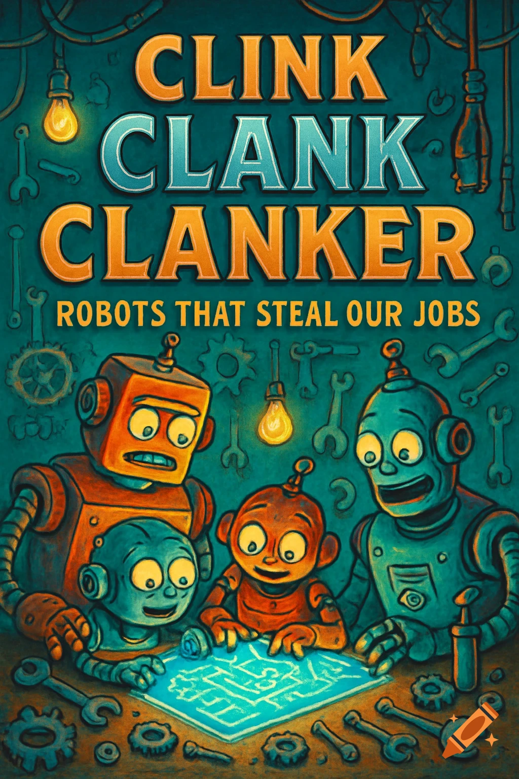 A colorful, cartoonish book cover titled 'Clink Clank Clanker: Robots ...