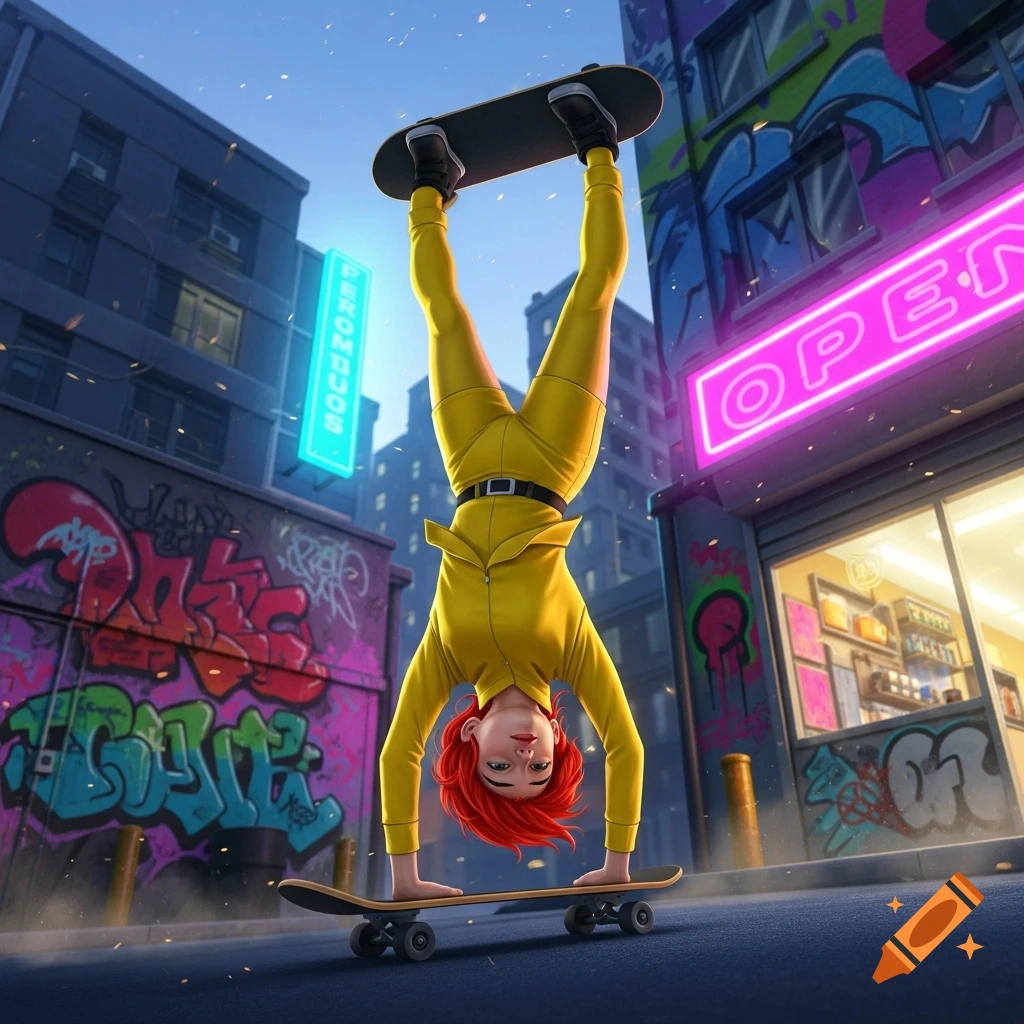A stylized cartoon of April O'Neil in a yellow jumpsuit doing a handstand on a skateboard in a graffiti-covered city street with neon signs.