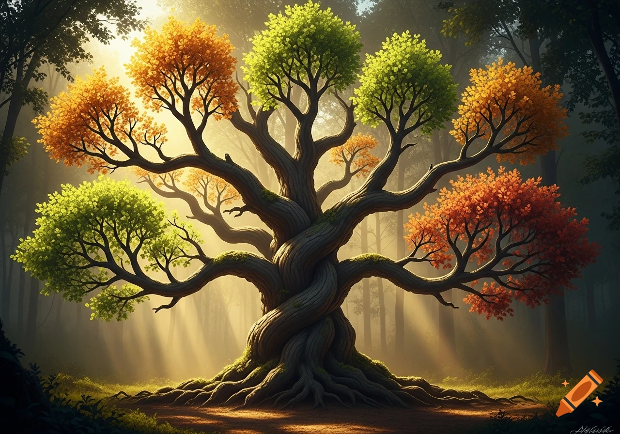 A majestic, gnarled fantasy tree with green, orange, and red foliage stands in a sunlit, misty forest.
