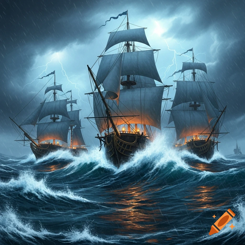 Three large sailing ships navigate a tumultuous, lightning-streaked sea during a storm.