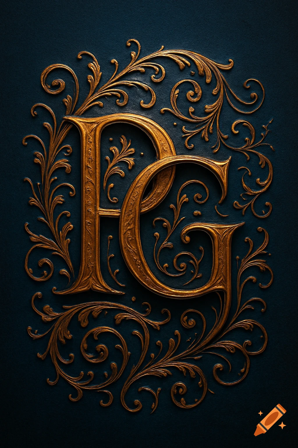 Ornate gold monogram letters P and G intertwined with intricate floral scrollwork against a dark teal background.