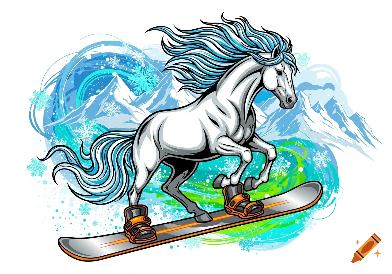 Animated white horse with blue flowing mane and tail, snowboarding over snowy mountains and snowflakes.