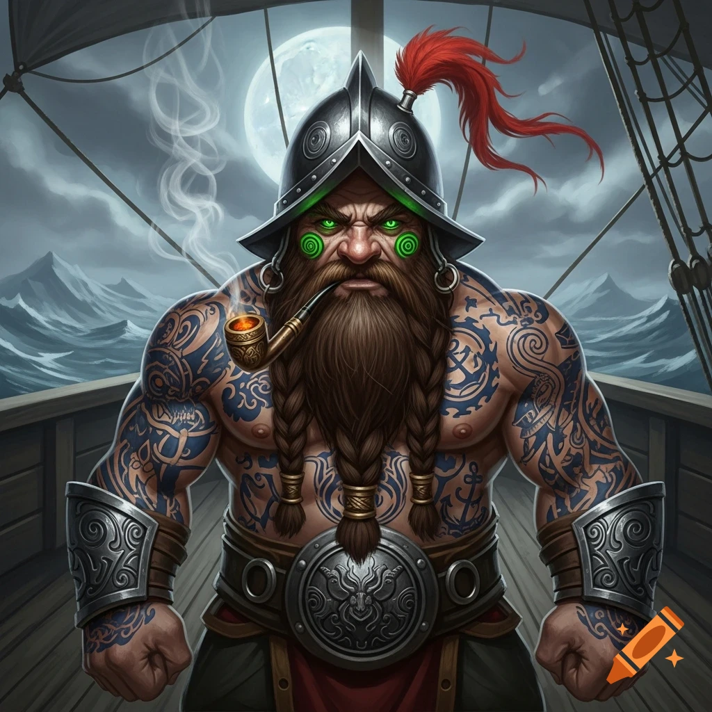 A heavily tattooed, muscular dwarf whaler with a long braided beard, glowing green eyes, and a conquistador helmet, smoking a pipe on a ship at night.