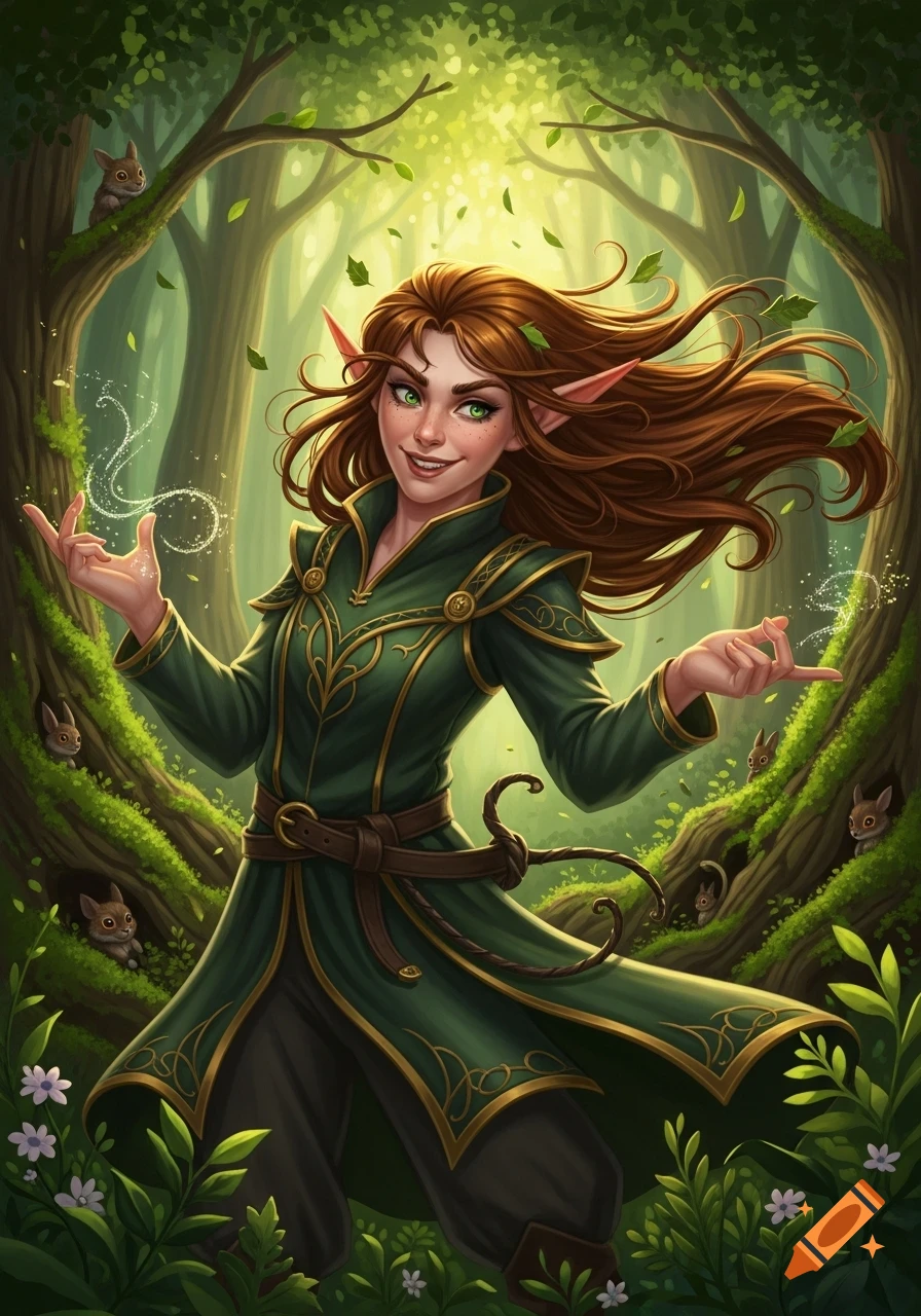 A smiling elf with long brown hair and green eyes casts magic in an enchanted forest filled with small animals.