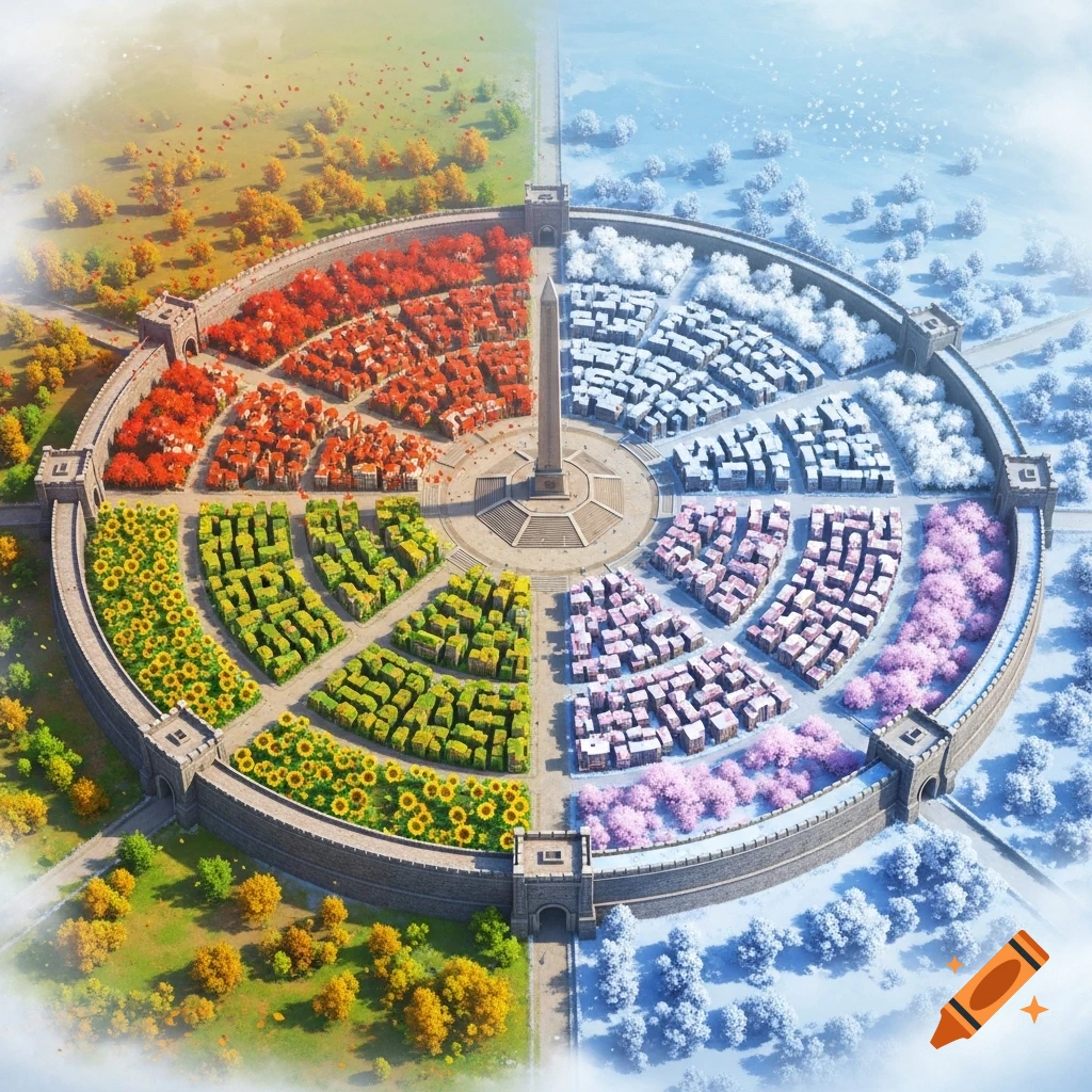 Aerial view of a circular walled city divided into four districts representing autumn, winter, spring, and summer, with a central obelisk.