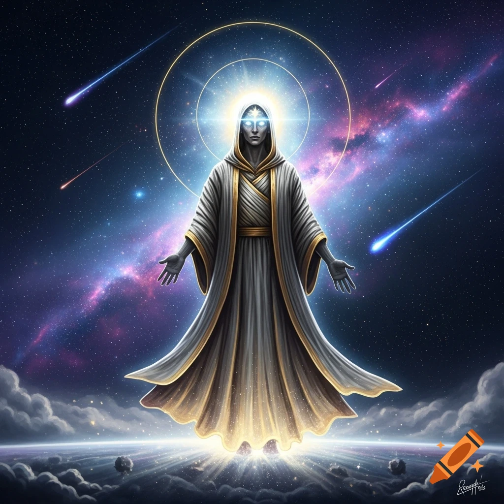 A luminous, robed figure with glowing eyes and outstretched hands floats above a planet, set against a vibrant galaxy with streaking meteors. Cosmic art.