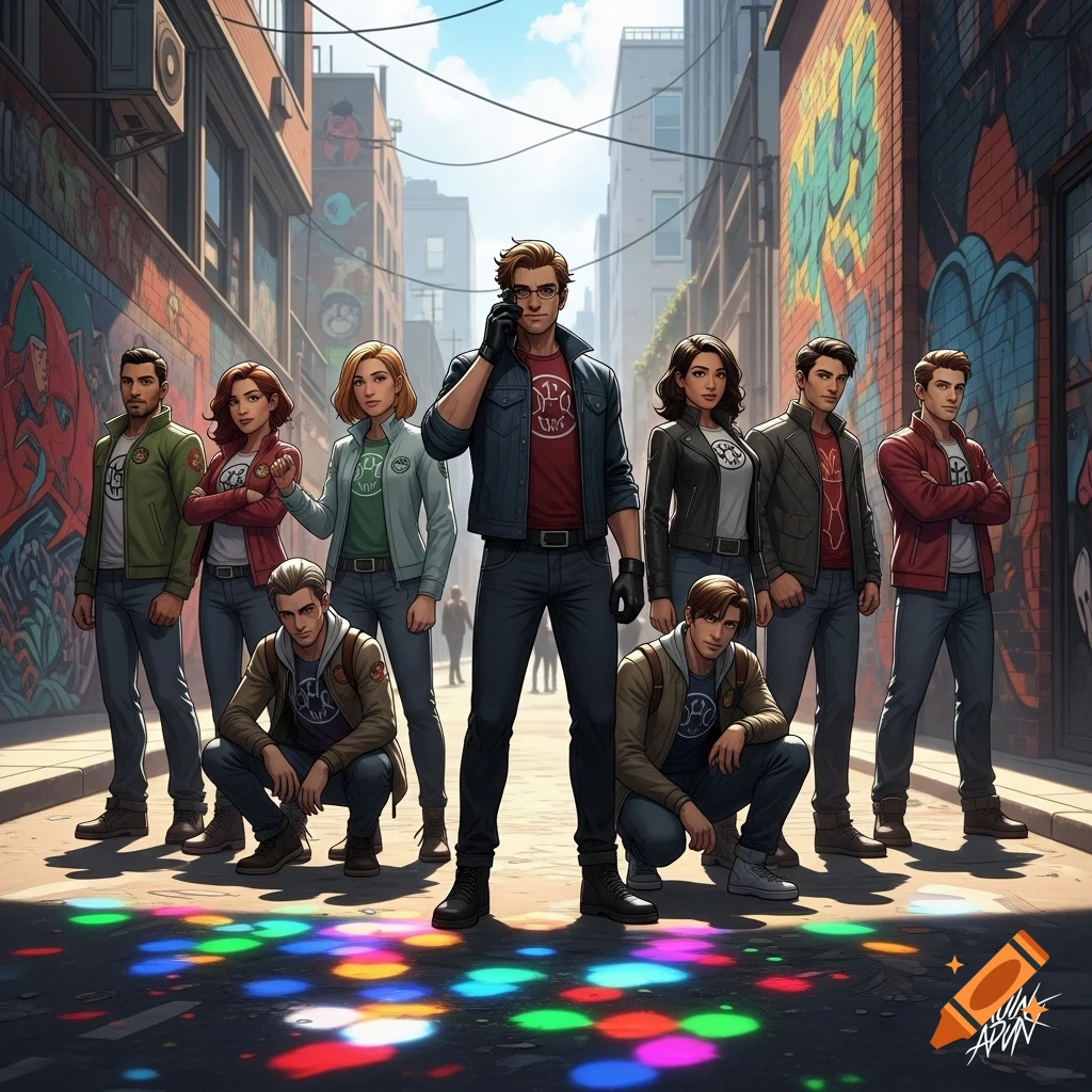 A group of diverse young adults in a comic book style stand and crouch in an urban alleyway covered in colorful graffiti, with bright, multi-colored light reflections on the ground.