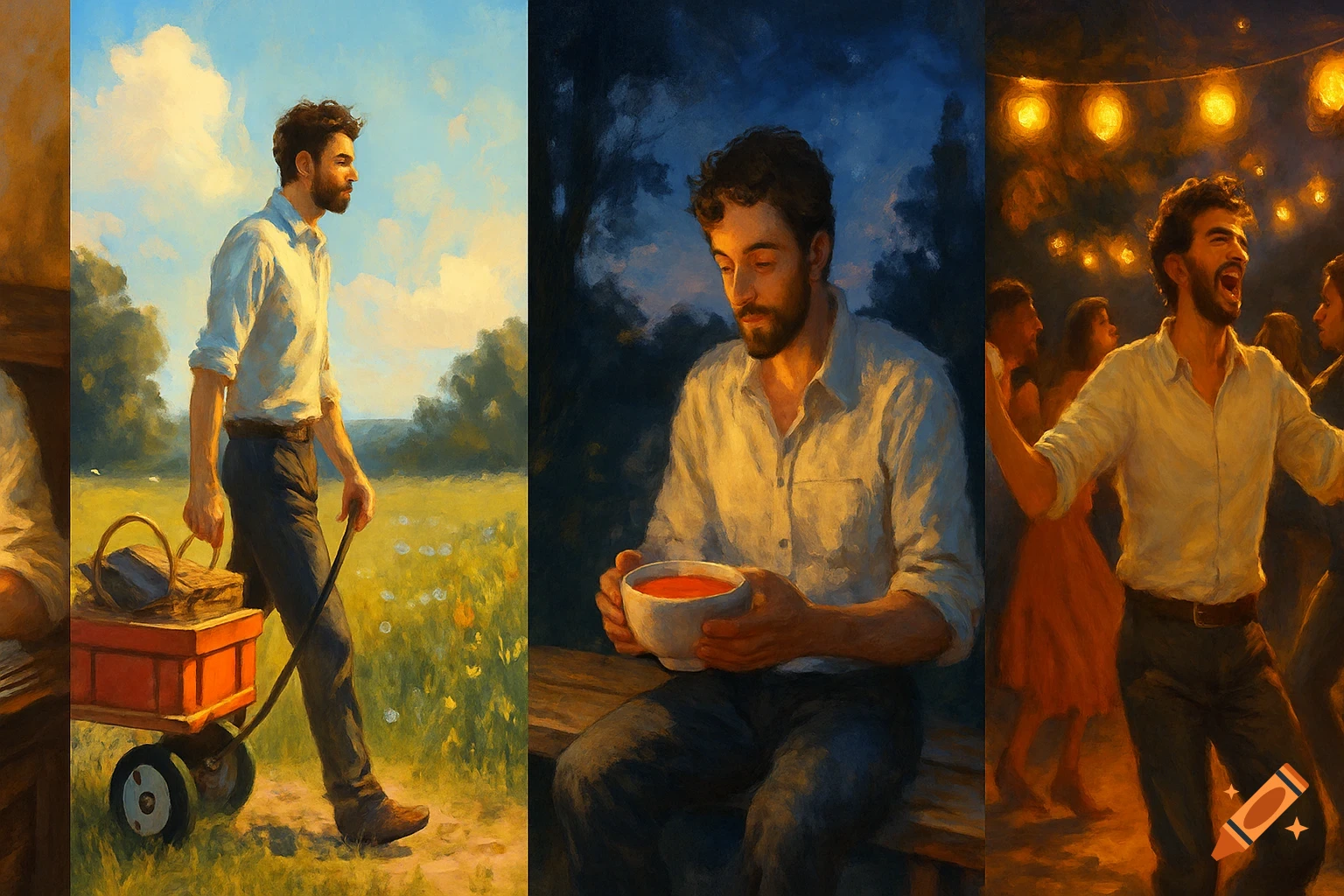 A triptych painting showing a bearded man pulling a wagon in a field, then eating soup at night, and finally dancing joyfully with others under string lights.