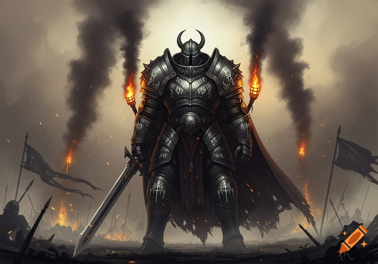 A heavily armored dark fantasy warrior with a horned helmet and a large sword stands on a smoky battlefield with fires and fallen flags.