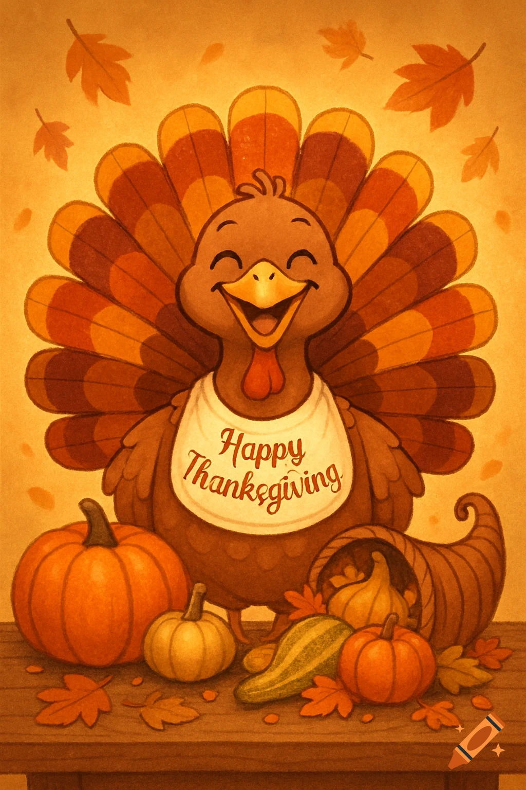 A smiling cartoon turkey wearing a bib that says 'Happy Thanksgiving,' surrounded by pumpkins, gourds, and a cornucopia.