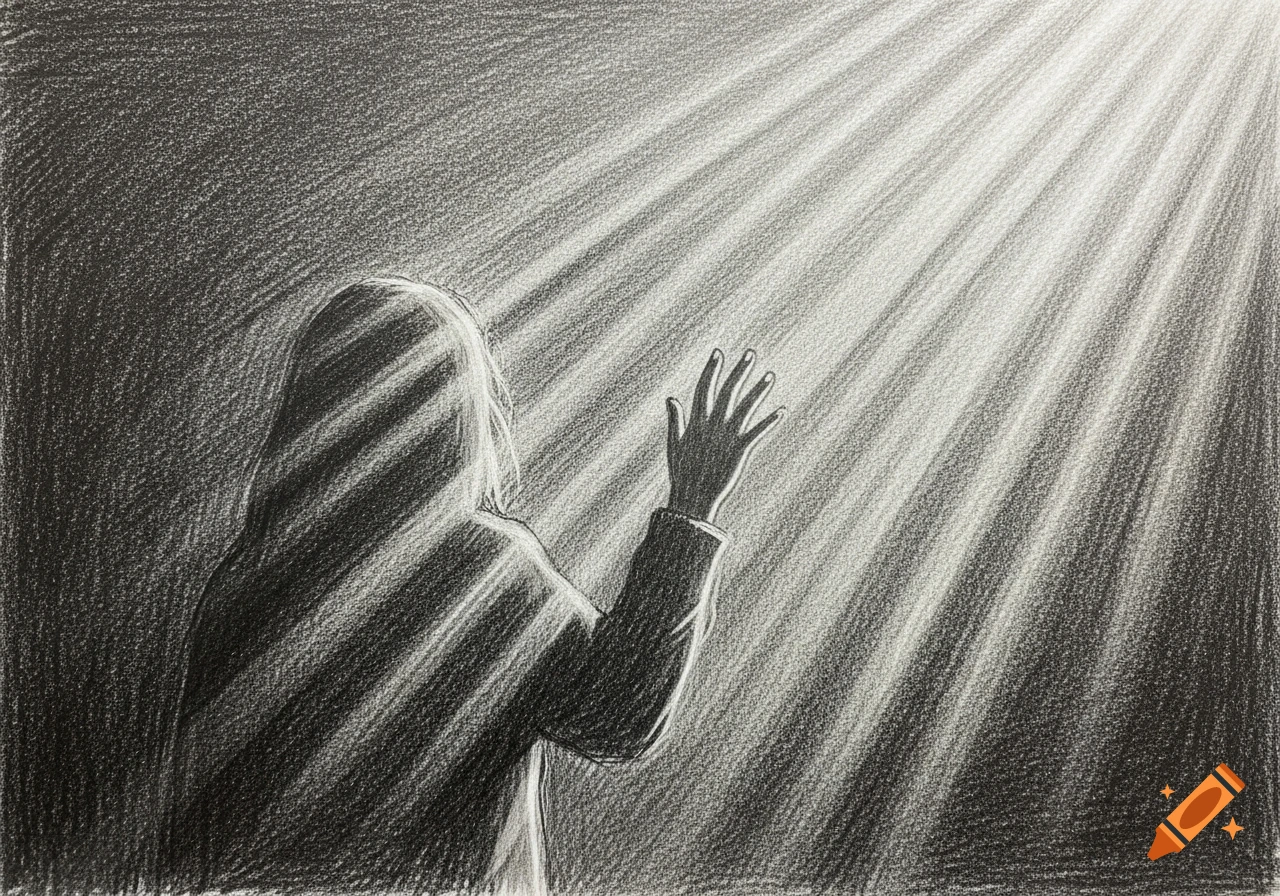 Pencil sketch of an indistinct figure in the dark, reaching one hand towards bright rays of light from the upper right.