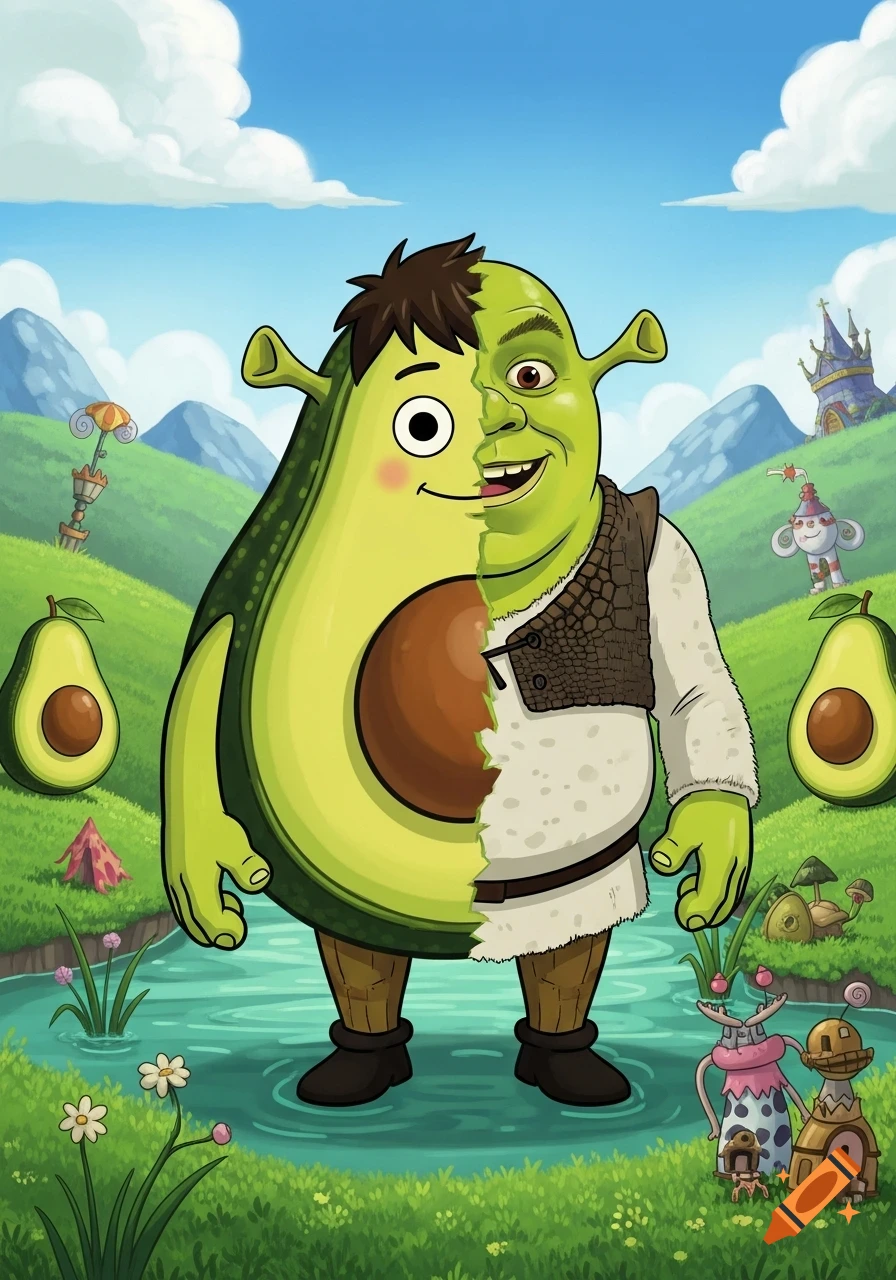A cartoon illustration of a character that is half avocado and half Shrek, standing in a vibrant fantasy landscape.