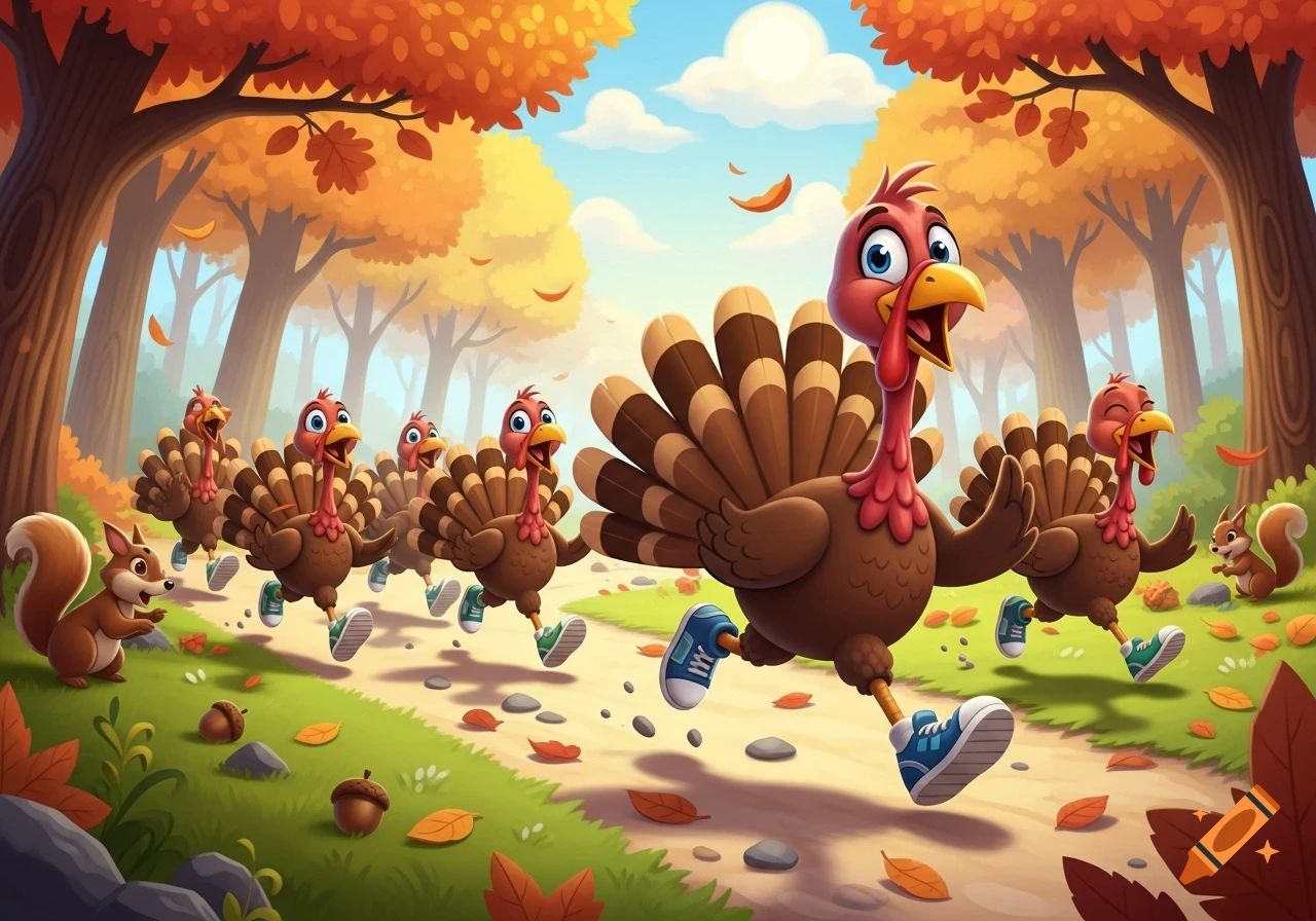 Friendly cartoon turkeys and squirrels jogging along a forest trail in autumn.