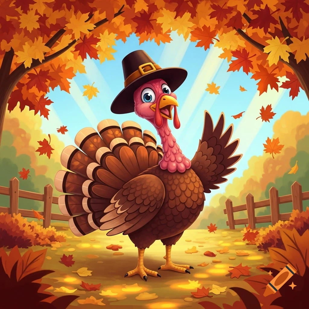 A happy cartoon turkey wearing a pilgrim hat stands among fallen autumn leaves under a tree with orange foliage.