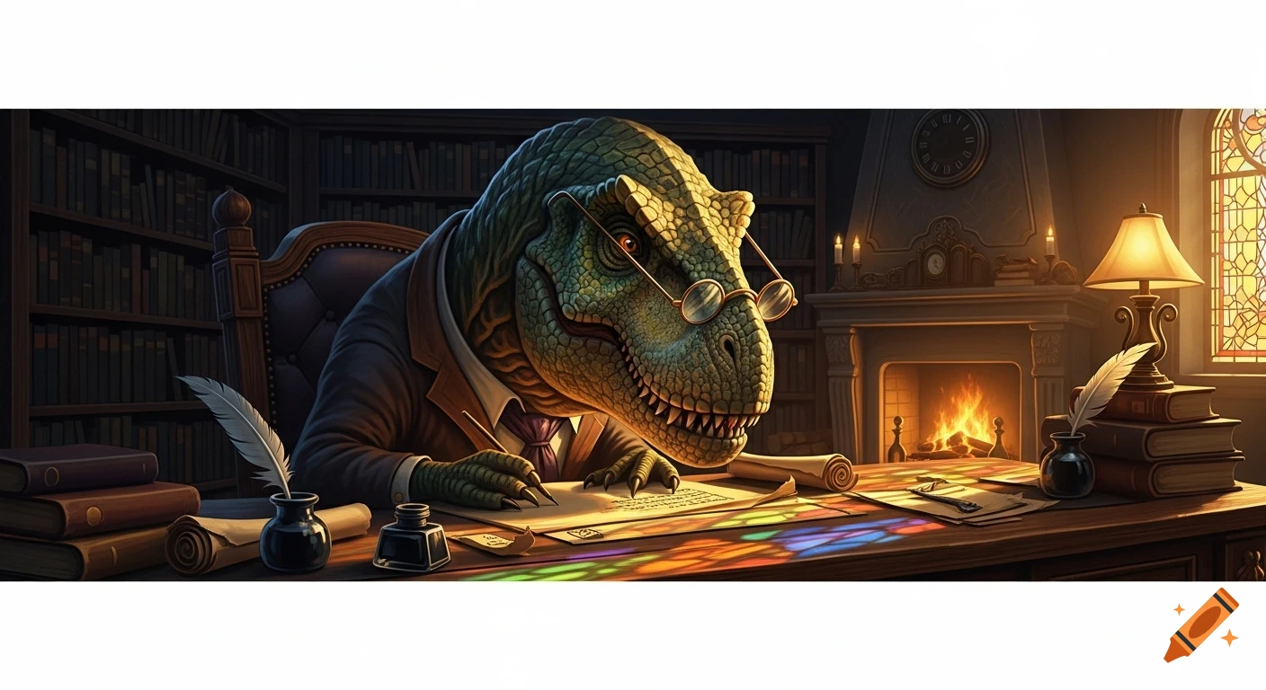 A bespectacled T-Rex in a suit writes with a quill at a wooden desk in a cozy, detailed library with a fireplace.