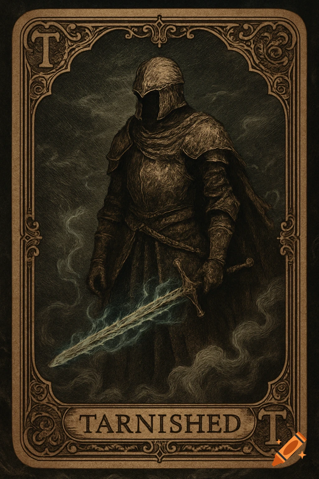 A dark, detailed illustration of a fully armored knight holding a glowing sword, depicted on an ornate playing card with the word 'TARNISHED'.