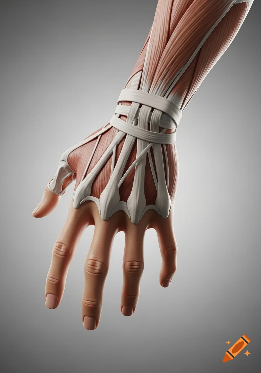Detailed 3D anatomical rendering of a human hand and forearm, showing skin on the fingers and palm, with exposed muscles and tendons.