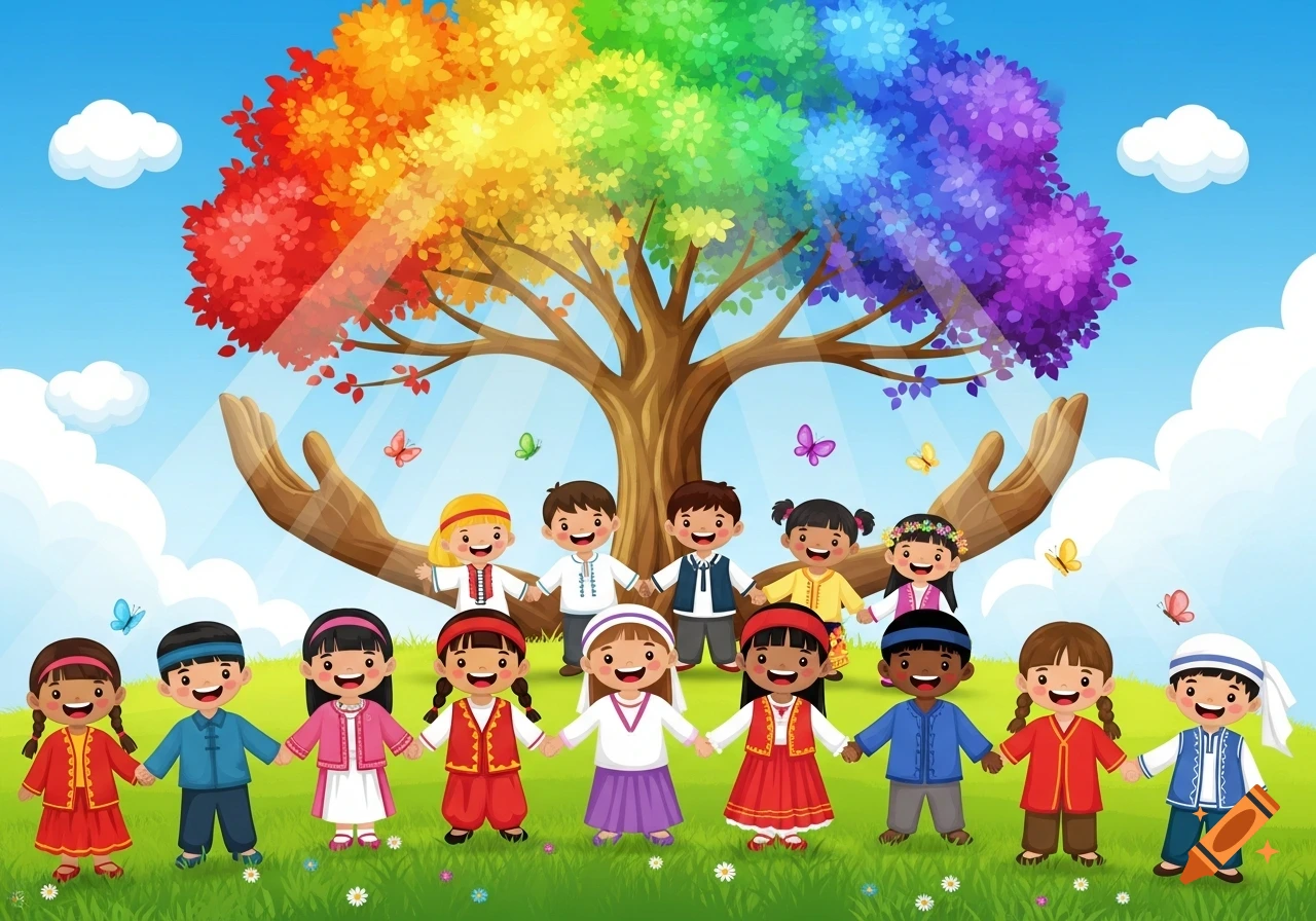 Cartoon illustration of diverse children holding hands in front of a rainbow tree with protective hands, under a blue sky.