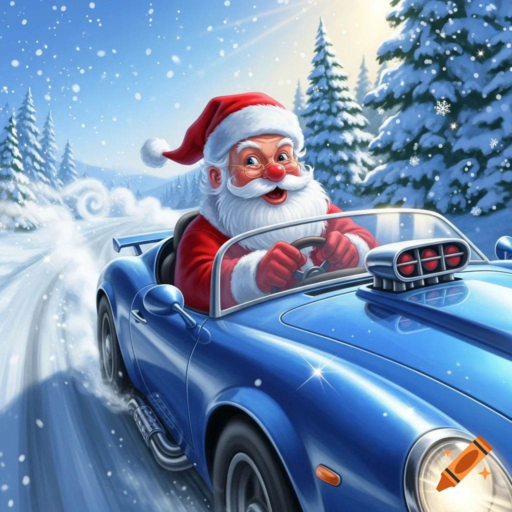 Cartoon Santa Claus with a red nose joyfully driving a blue sports car on a snowy winter road.