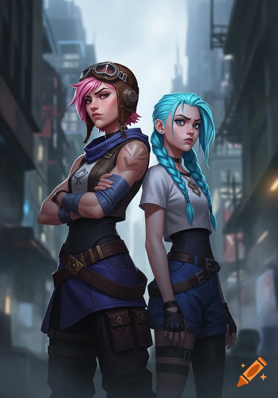 Anime-style Vi with pink hair and Jinx with blue hair stand back to back in an urban setting.
