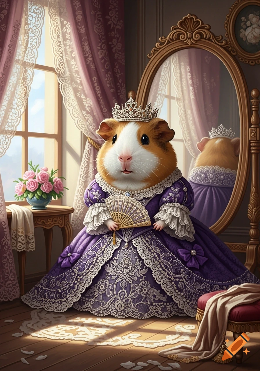 A guinea pig in an elaborate purple historical gown, crown, and holding a fan, stands by a window and mirror.