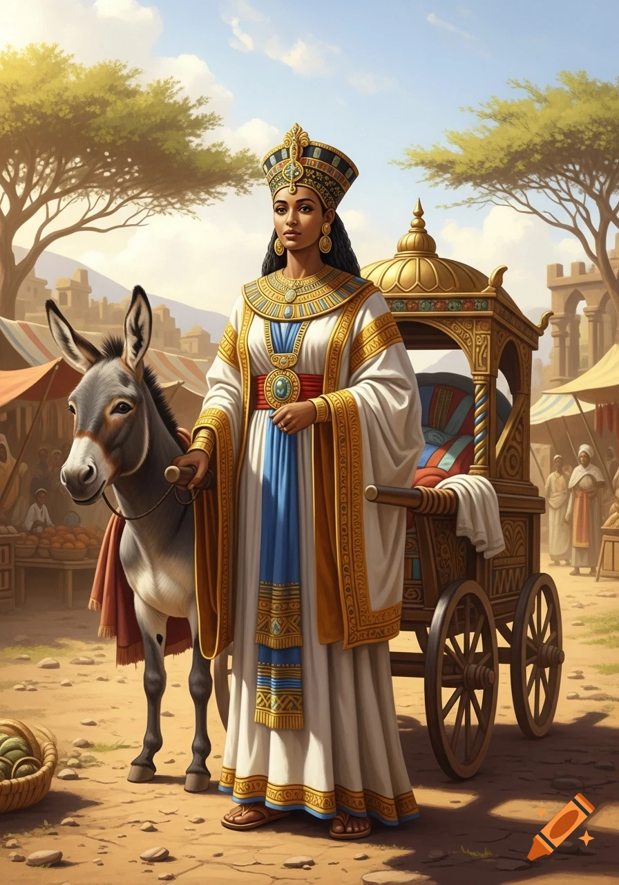 An ancient Ethiopian queen in ornate robes stands with a donkey and a golden litter in a vibrant market scene, illustration style.