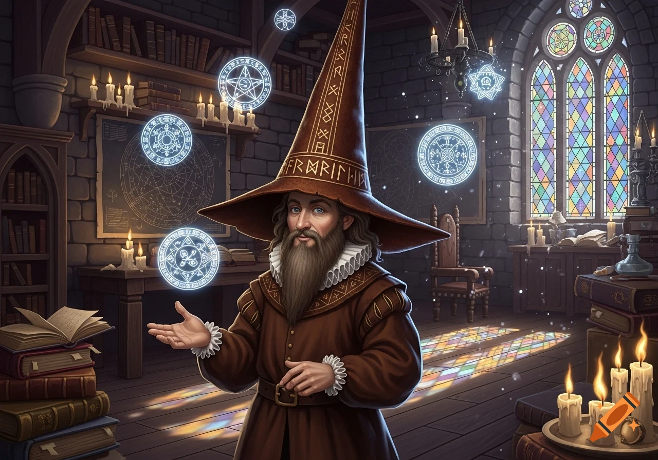 A bearded wizard wearing a tall, brown, pointy hat and a brown robe stands in a magical study with glowing symbols and a stained glass window.