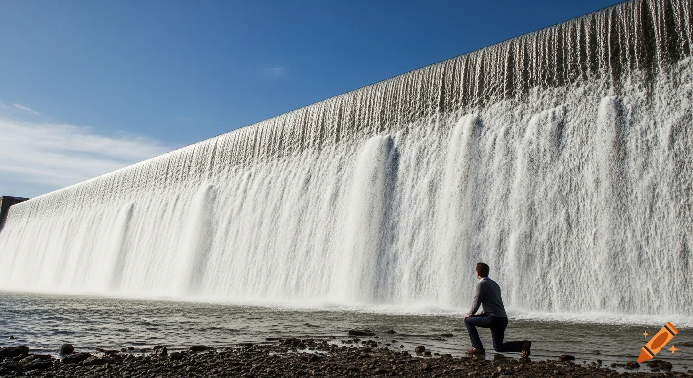 Photorealistic image of a man kneeling on a rocky shore, looking up at a massive, wide waterfall under a clear blue sky.
