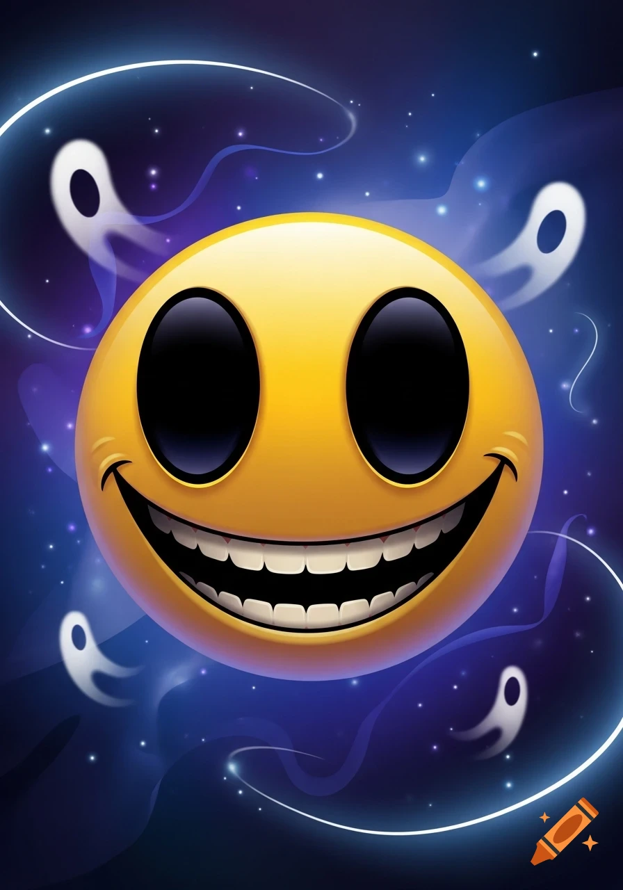 A creepy smiley face with large black eyes and many teeth, surrounded by glowing lines and white ghost figures on a dark blue starry background, digital art.