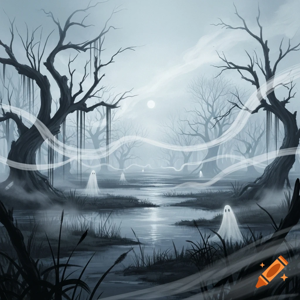 Eerie illustration of a misty swamp with gnarled trees, calm water ...