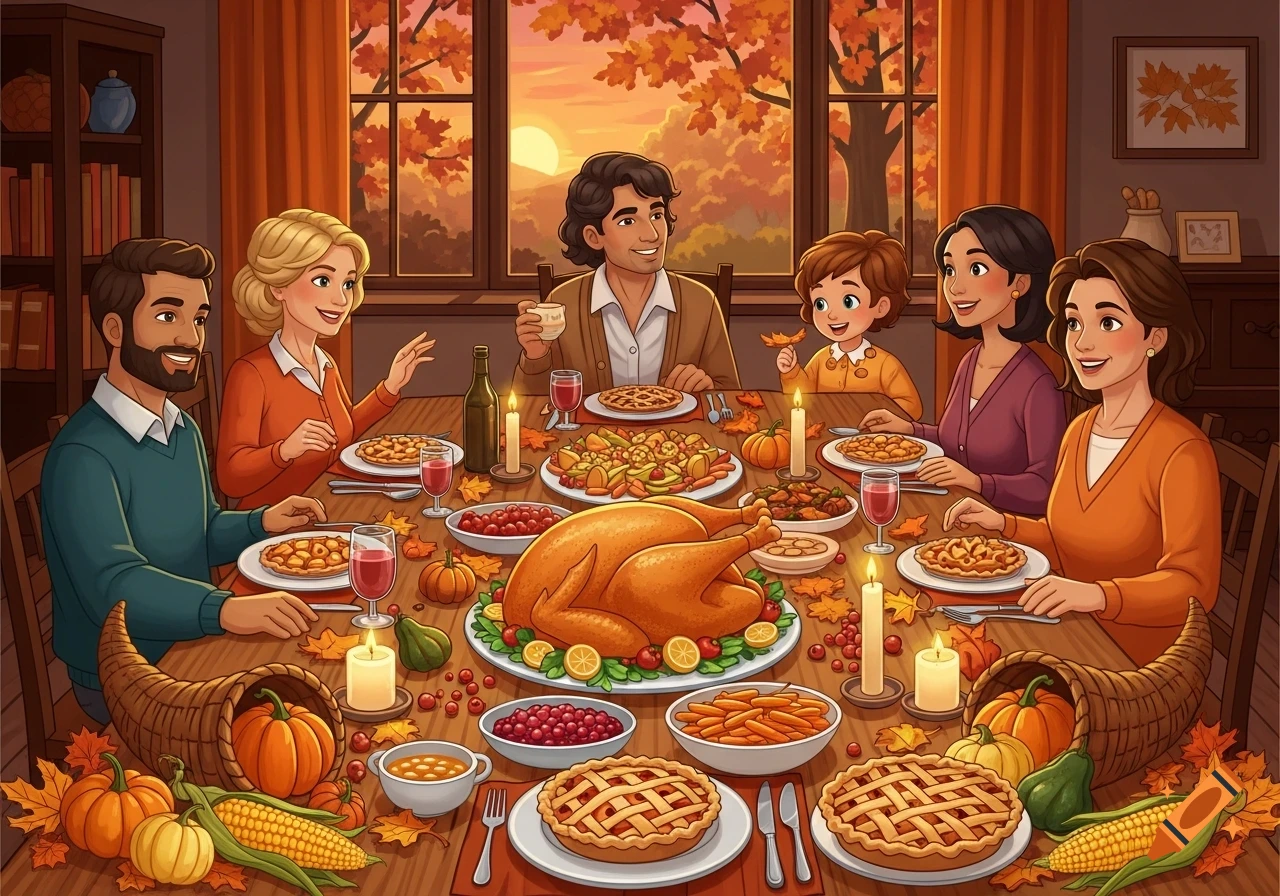 Cartoon illustration of a diverse family enjoying a Thanksgiving dinner feast in a warm room with autumn decor.