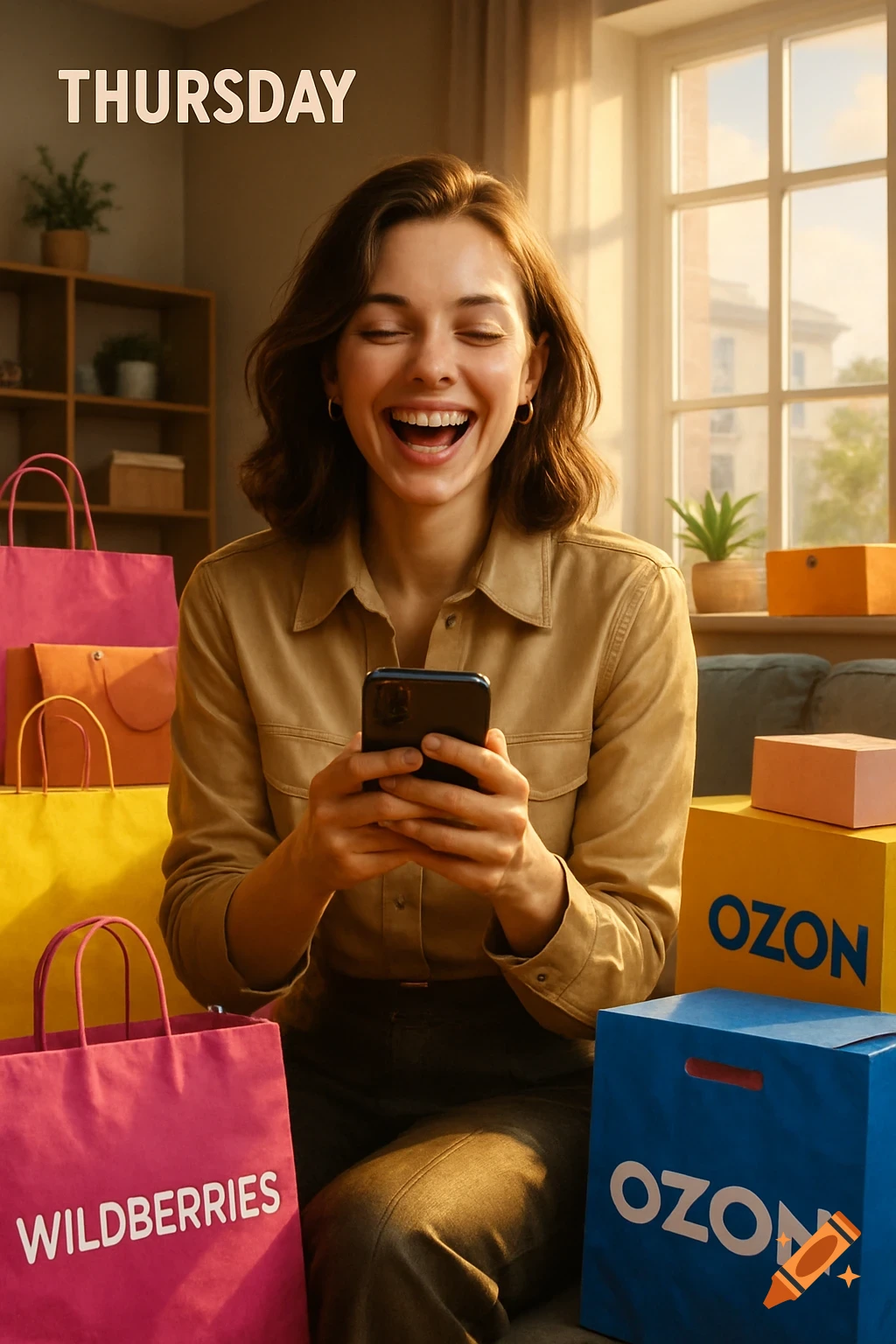 Joyful woman looking at her smartphone, surrounded by colorful Wildberries and Ozon shopping bags in a sunny apartment.