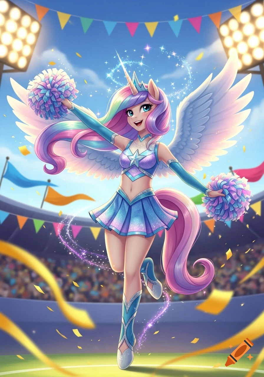 A vibrant anime-style unicorn-girl, Princess Cadance, as a cheerleader, holding pom-poms in a stadium, with confetti and sparkling effects.