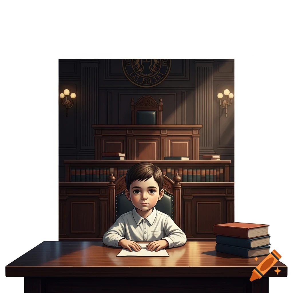 A cartoon illustration of a young boy in a courtroom, sitting at a table with books, facing forward.