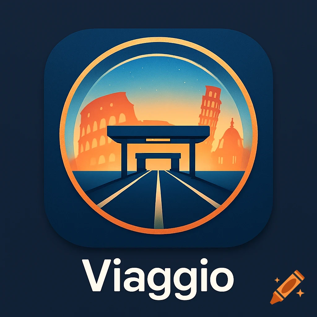 An app icon featuring stylized Italian landmarks like the Colosseum and Leaning Tower over a road, with 'Viaggio' text below.