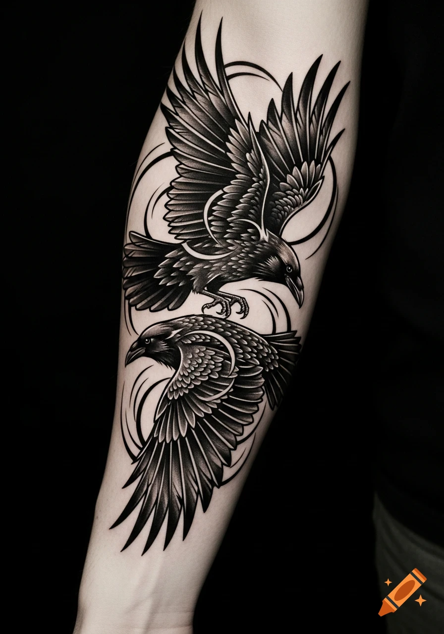 Dynamic blackwork tattoo of two ravens in flight on a forearm, with a gothic, graphic style.