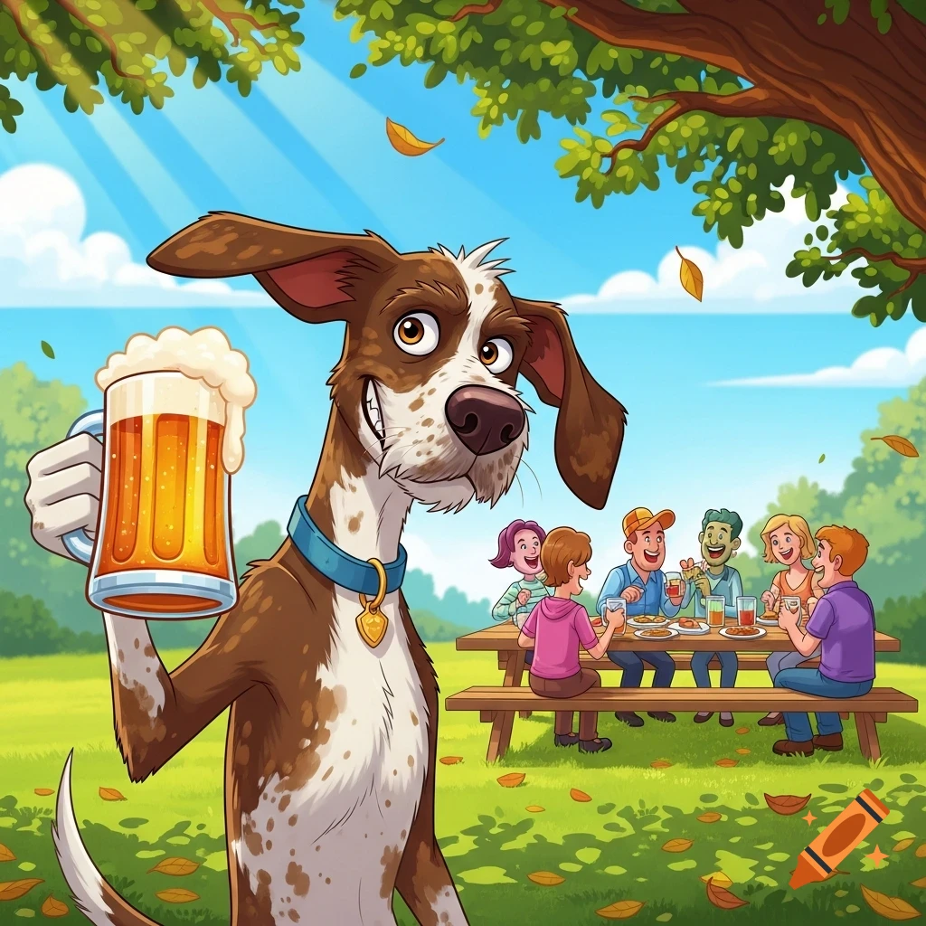 A smiling cartoon dog holds a mug of beer in its paw, standing in a park where people are picnicking at a table in the background.