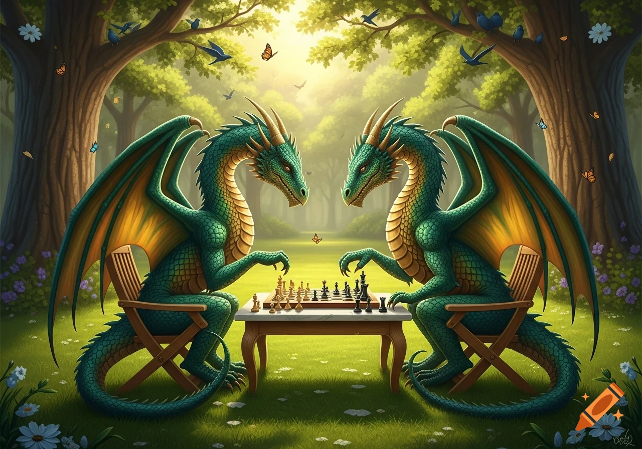 Two green and gold dragons play chess on a small table in a vibrant, sunlit forest clearing.