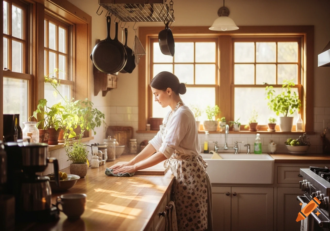 A woman in an apron wipes down a wooden kitchen counter in a sunlit, rustic-style kitchen.