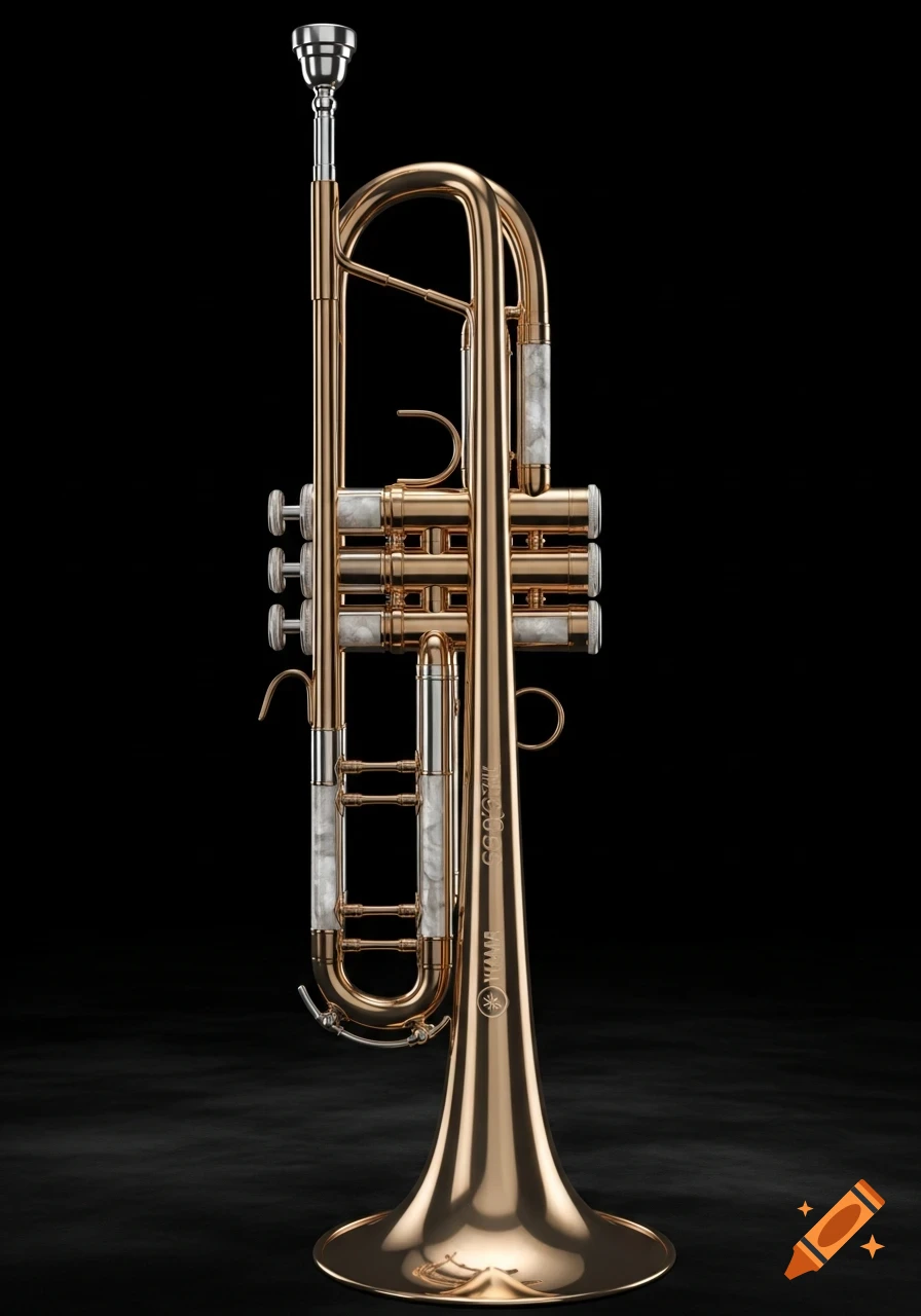 A gold-colored trumpet with white marble-like accents stands upright on a dark, reflective surface against a black background.